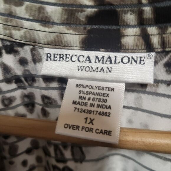 Rebecca Malone Brown Black Cream Animal Print V-Neck Blouse 3/4 Sleeve Size 1X - Picture 9 of 11